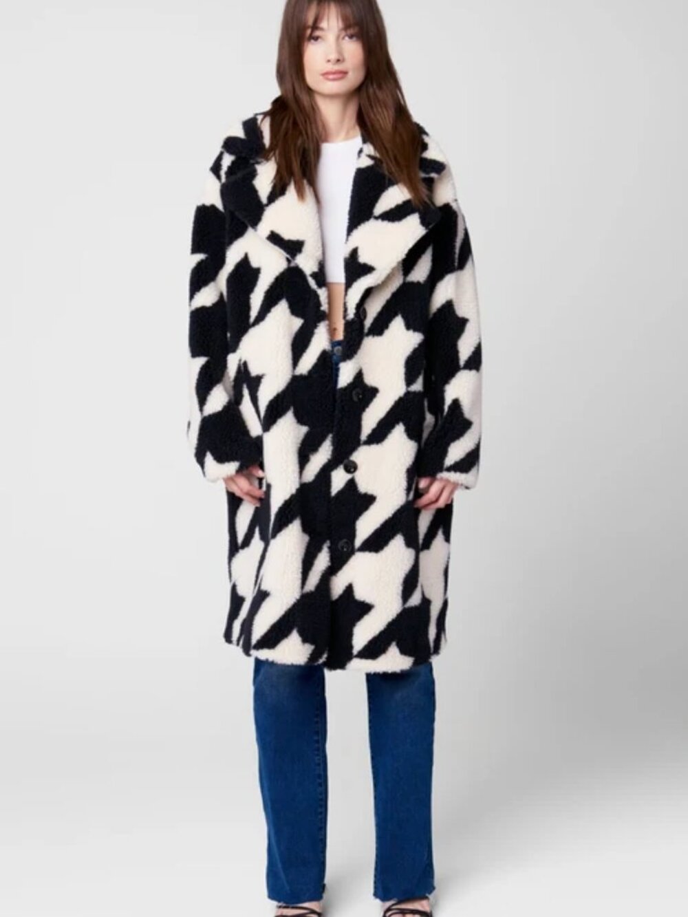BLANKNYC Love Birds Trench Coat Houndstooth Sherpa Black White Statement Jacket